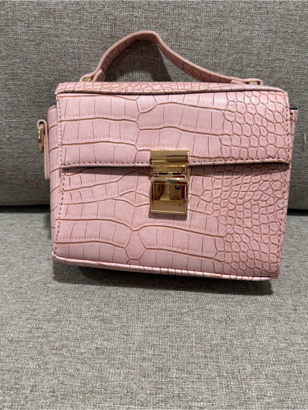 Fashion Nova Blush Pink Croc-Embossed Mini Top-Handle Bag with Gold Hardware